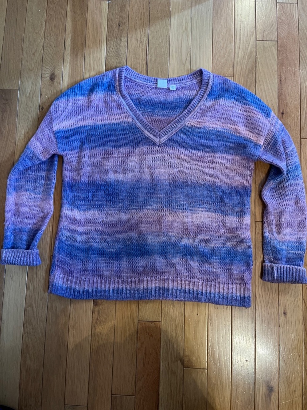 Purple and pink mottled knit v neck sweater